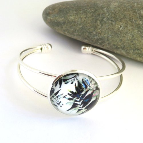 Bracelet manchette cabochon motif boho réglable argenté