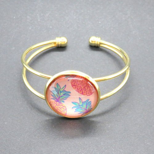 Bracelet manchette cabochon ananas doré