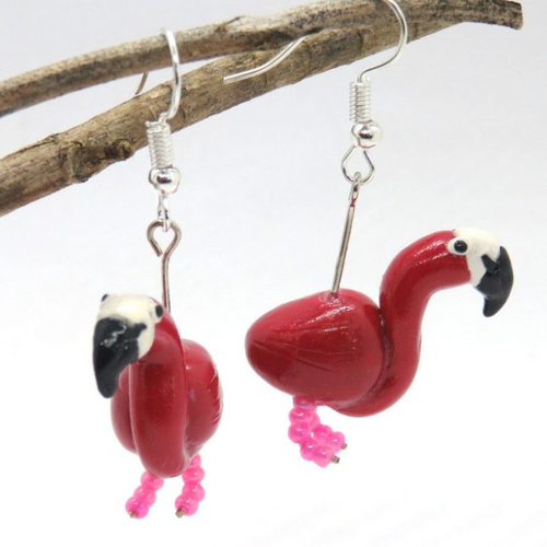 Boucles d'oreilles en pâte fimo flamand rose/bordeaux