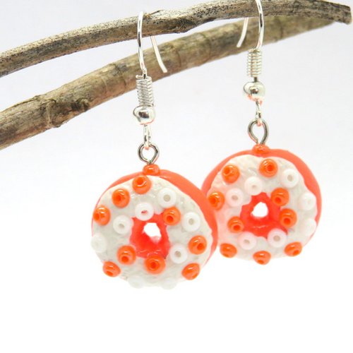 Boucles d'oreilles en pâte fimo donuts rose orange/blanc