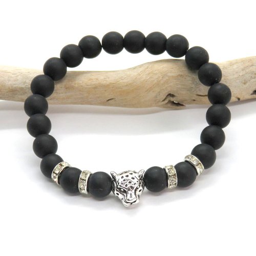 Bracelet pour homme perles onyx mat noire léopard argenté vieilli