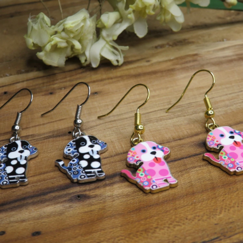 Boucles d'oreilles acier inoxydable chien bleu ou rose enfant