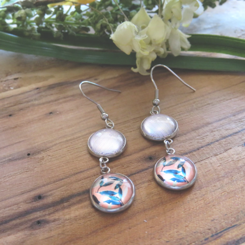 Boucles d'oreilles acier inoxydable cabochon double motif japonais