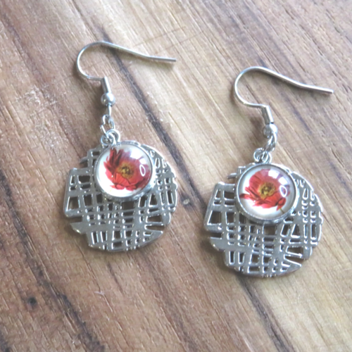 Boucles d'oreilles cabochon coquelicot acier inoxydable