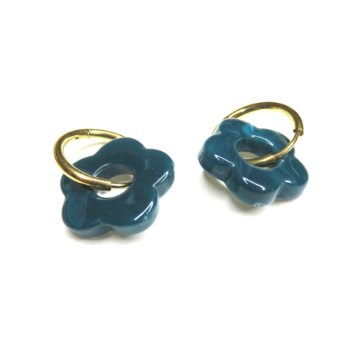 Anneaux créoles acier inoxydable dorés et pendentif fleur vert canard