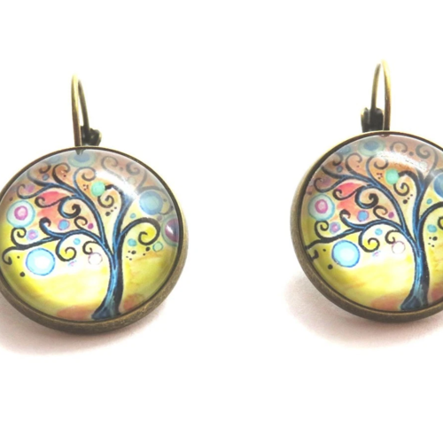 Boucles d'oreilles dormeuses cabochon arbre de vie jaune