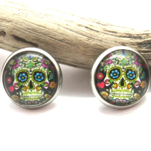 Boucles d'oreilles puces tête de mort acier inoxydable