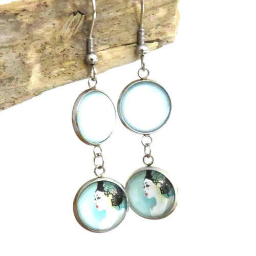 Boucles d'oreilles acier inoxydable cabochon double geisha japon