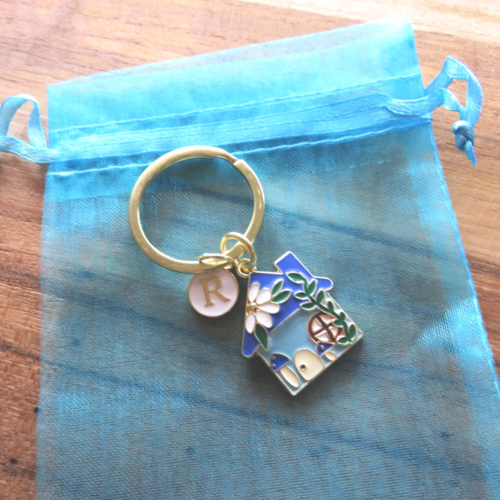 Porte clés acier inoxydable maison bleue personnalisé initiale