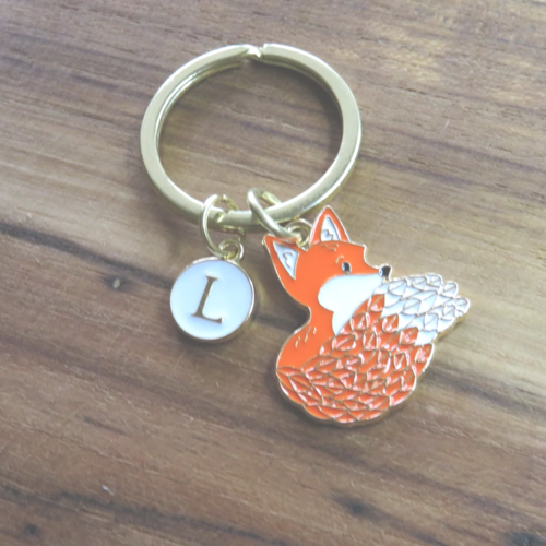 Porte clés renard orange personnalisé initiale acier inoxydable