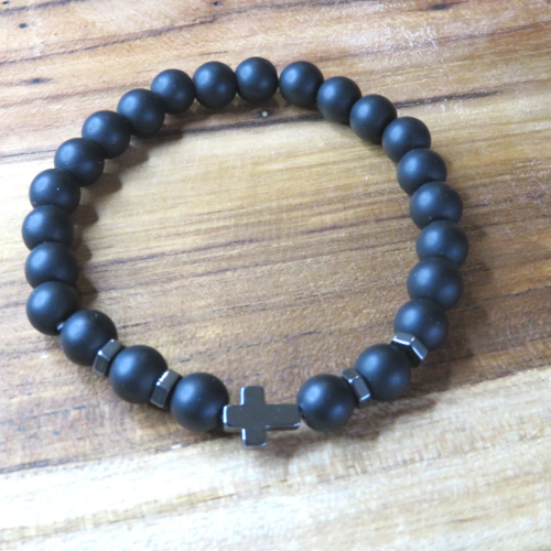 Bracelet homme perles naturelles onyx noire croix hématite lithothérapie