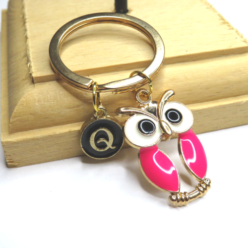 Porte clés doré hibou rose fuchsia personnalisé initiale fille
