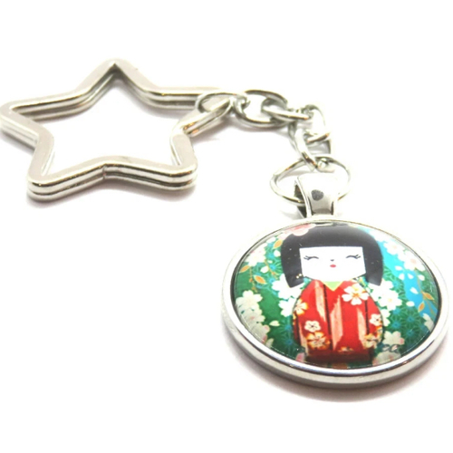 Porte clés poupée kokeshi en acier inoxydable cabochon en verre