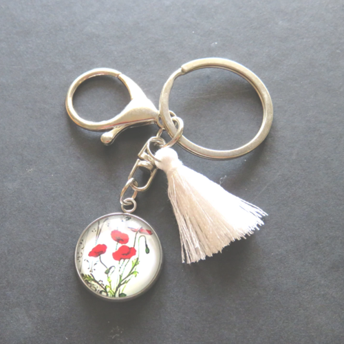 Porte clés acier inoxydable cabochon coquelicot et pompon
