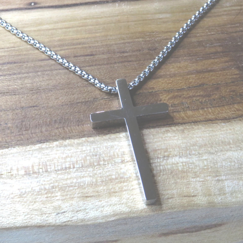 Collier homme pendentif croix en acier inoxydable mailles rondes