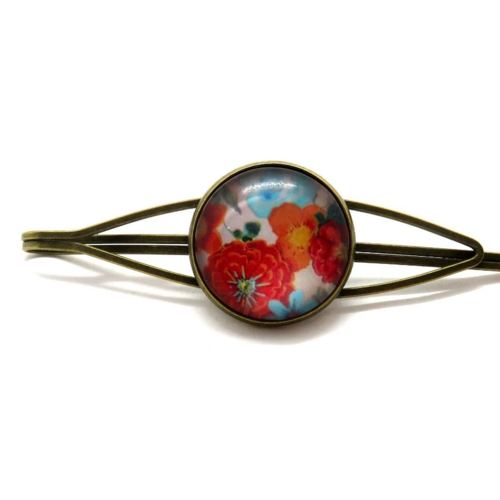 Barrette pince à cheveux cabochon en verre fleur japon bronze