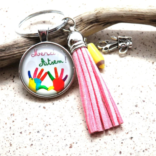 Porte clés en acier inoxydable cabochon en verre merci atsem