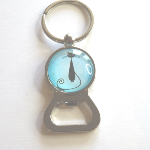 Porte clés décapsuleur chat turquoise acier inoxydable cadeau homme