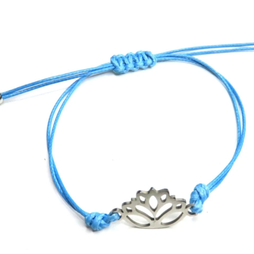 Bracelet cordon bleu ajustable fleur de lotus acier inoxydable
