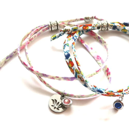 Lot de 2 bracelets cordon liberty coulissant pierre et fleur de lotus en acier