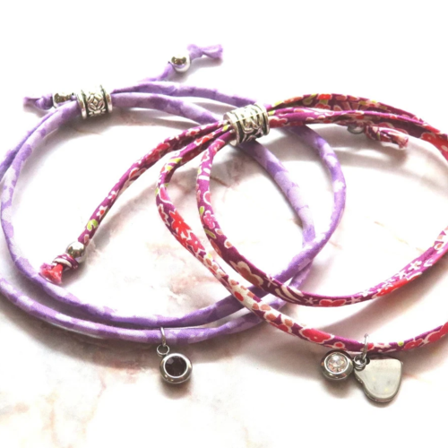 Lot de 2 bracelets cordon liberty ajustable cœur acier inoxydable pierre