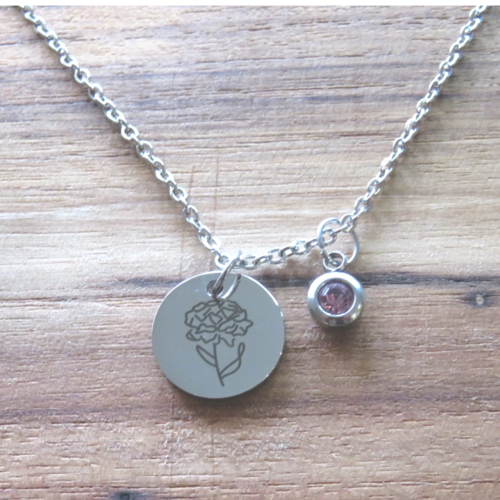 Collier pierre et fleur de naissance acier inoxydable argenté