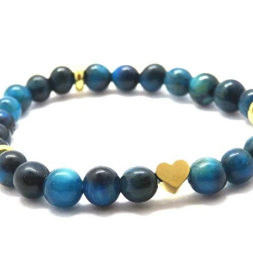 Bracelet perles naturelles œil de tigre cœur acier inoxydable lithothérapie