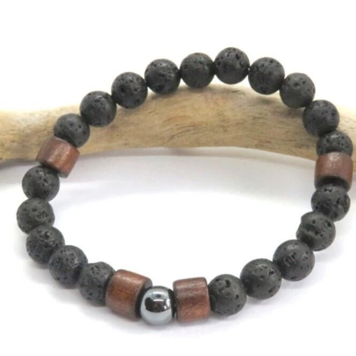 Bracelet homme perles de lave noir et hématite lithothérapie cadeau