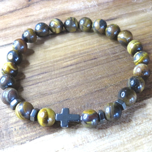 Bracelet œil de tigre croix pierre naturelle, fait main protection, cadeau homme