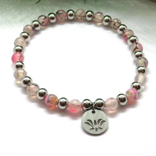 Bracelet lotus perles naturelles veine de dragon acier inoxydable lithothérapie