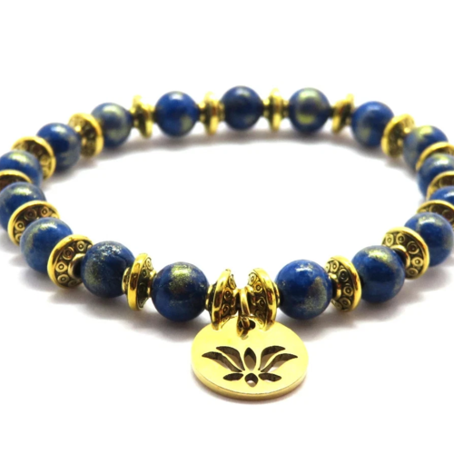 Bracelet perles lapis lazuli fleur de lotus acier inoxydable