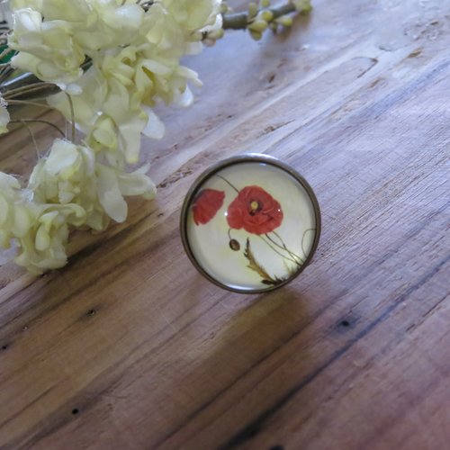 Bague réglable couleur bronze cabochon coquelicot rouge