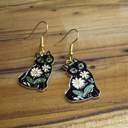 Boucles d'oreilles acier inoxydable chat noir fleuri