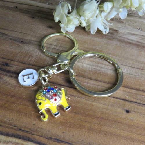 Porte clés bijou de sac éléphant jaune en acier inoxydable personnalisé initiale