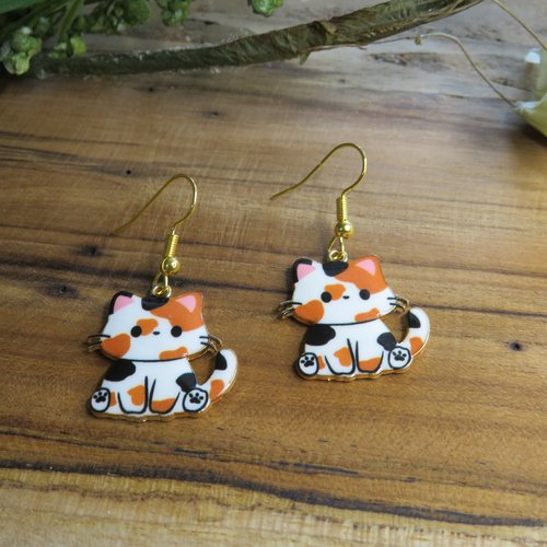 Boucles d'oreilles acier inoxydable chat tricolore blanc roux noir
