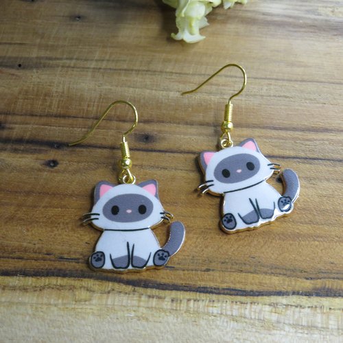 Boucles d'oreilles acier inoxydable chat tricolore marron rose gris clair