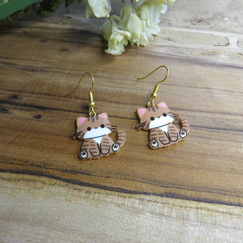 Boucles d'oreilles acier inoxydable chat tricolore rose marron blanc