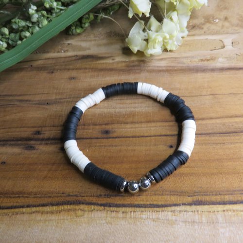 Bracelet perles heishi beige noir perles acier inoxydable