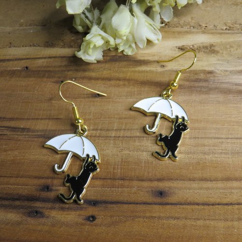 Boucles d'oreilles acier inoxydable chat noir s'agrippant au parapluie