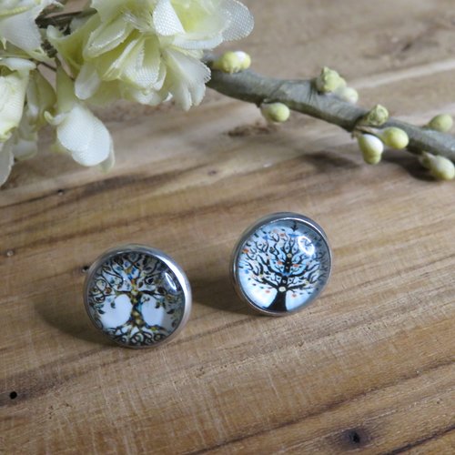 Boucles d'oreilles asymétriques acier inoxydable cabochons arbre de vie
