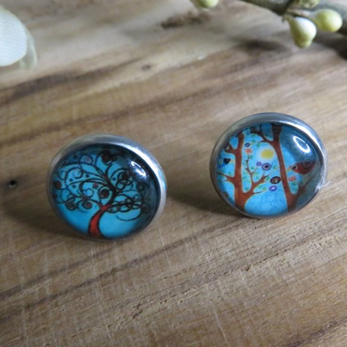 Boucles d'oreilles asymétriques acier inoxydable cabochons arbre de vie