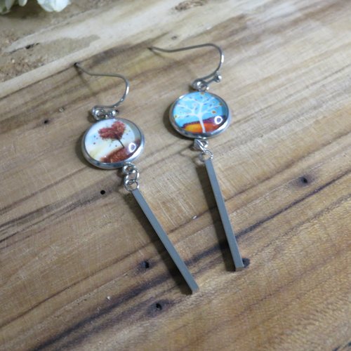 Boucles d'oreilles pendantes asymétriques acier inoxydable cabochon arbre de vie
