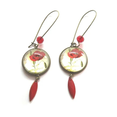 Boucles d'oreilles cabochon coquelicot bronze sequin émaillé rouge