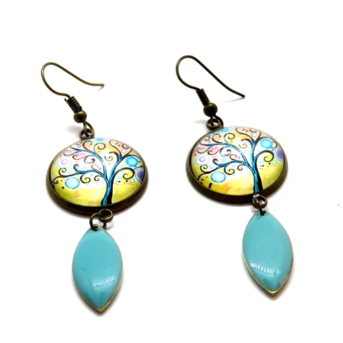 Boucles d'oreilles cabochon arbre de vie métal bronze émail turquoise