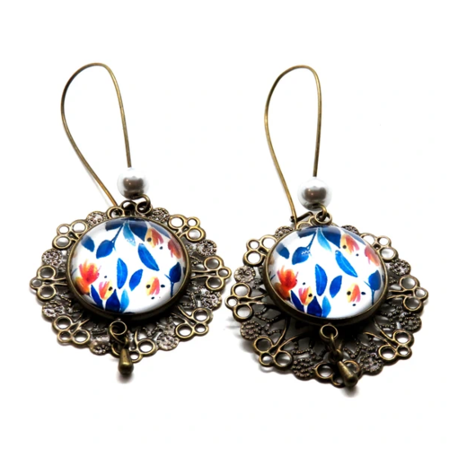Boucles d'oreilles cabochon fleurs japon métal bronze