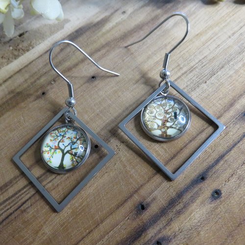 Boucles d'oreilles pendantes asymétriques acier inoxydable cabochon arbre de vie