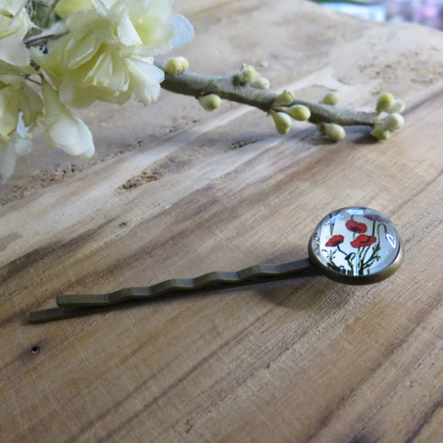 Pince à cheveux barrette cabochon en verre fleur coquelicots bronze