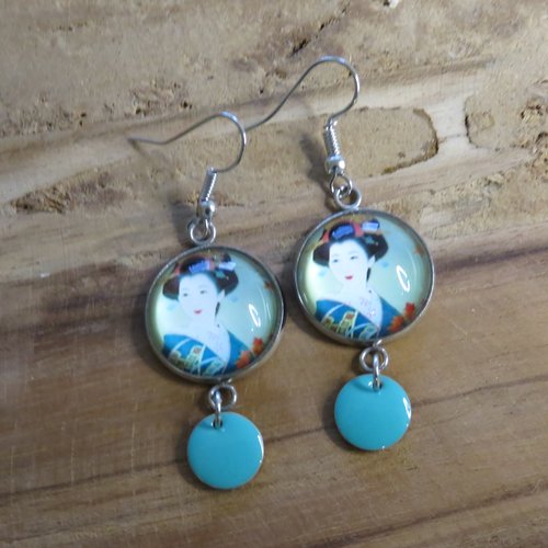 Boucles d'oreilles acier inoxydable cabochon geisha japon