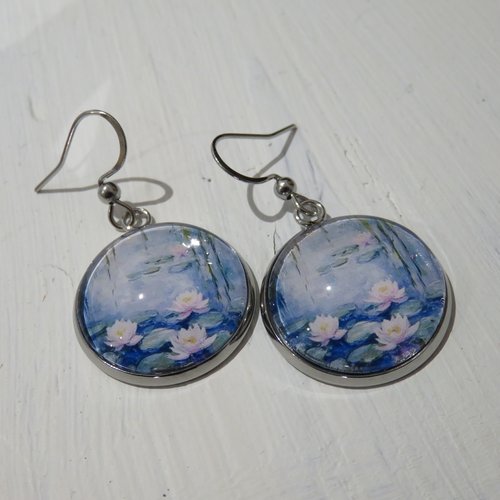 Boucles d'oreilles acier inoxydable cabochon nymphéas nénuphars monet