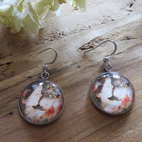 Boucles d'oreilles cabochon la mère et l'enfant acier inoxydable